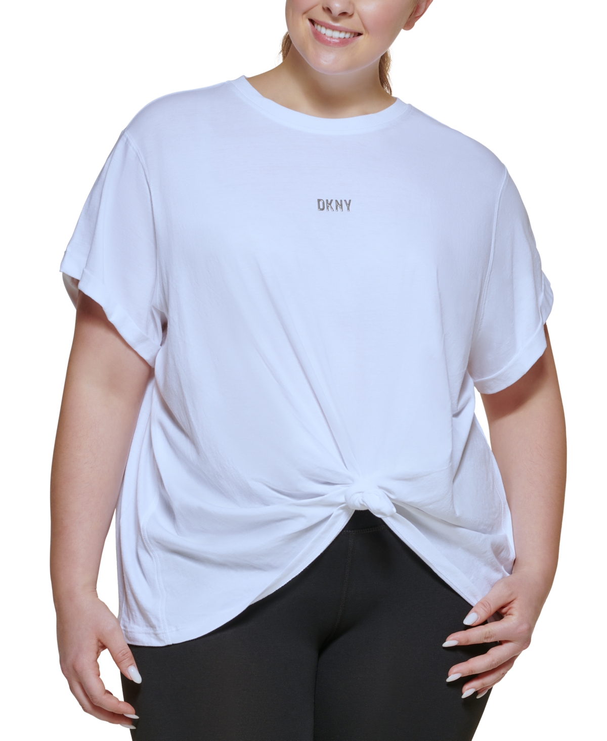 tシャツ コヒノールスムース ニット付きTシャツ レディース DKNY Women's Knot Front Metallic Logo T Shirt White Size 2X